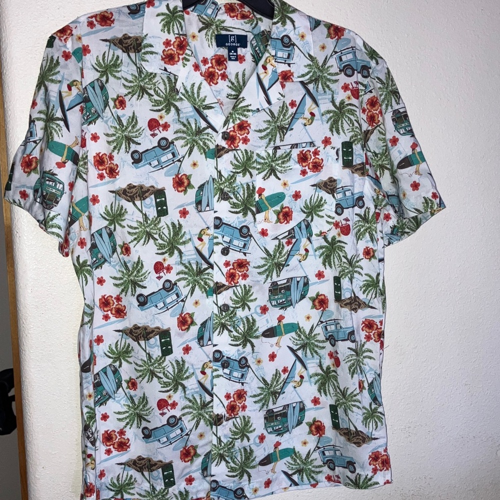 Men's Tropical Button Down Short Sleeve Car/Van/Surf/Palm Print NWOT‎